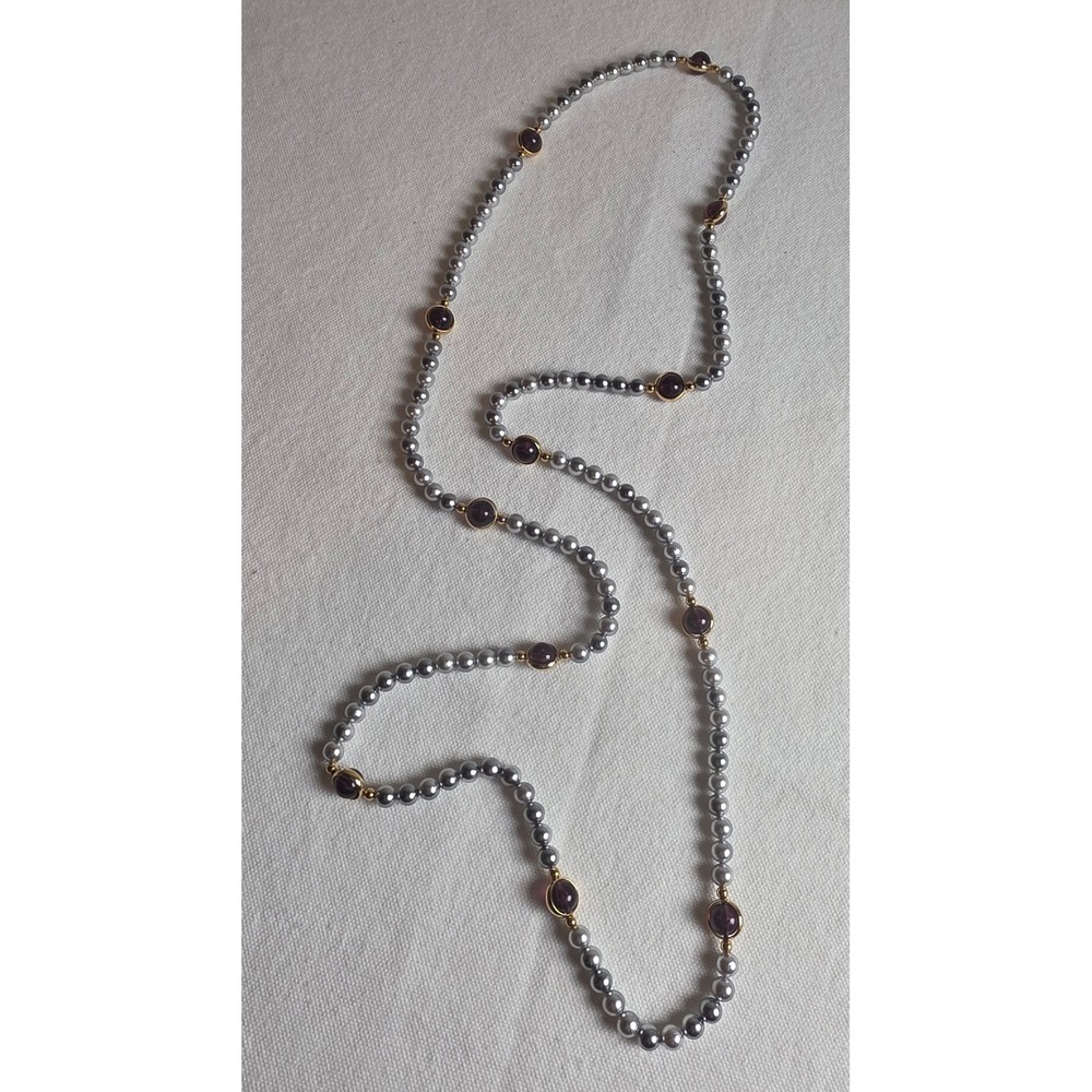 Grey‎ Faux Pearl Long Necklace Purple Bead Gold Accent 38in